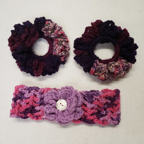 Woman's Handmade Crochet 2 Scrunchies and Flower Headband Purple Multicolor - Picture 3 of 11